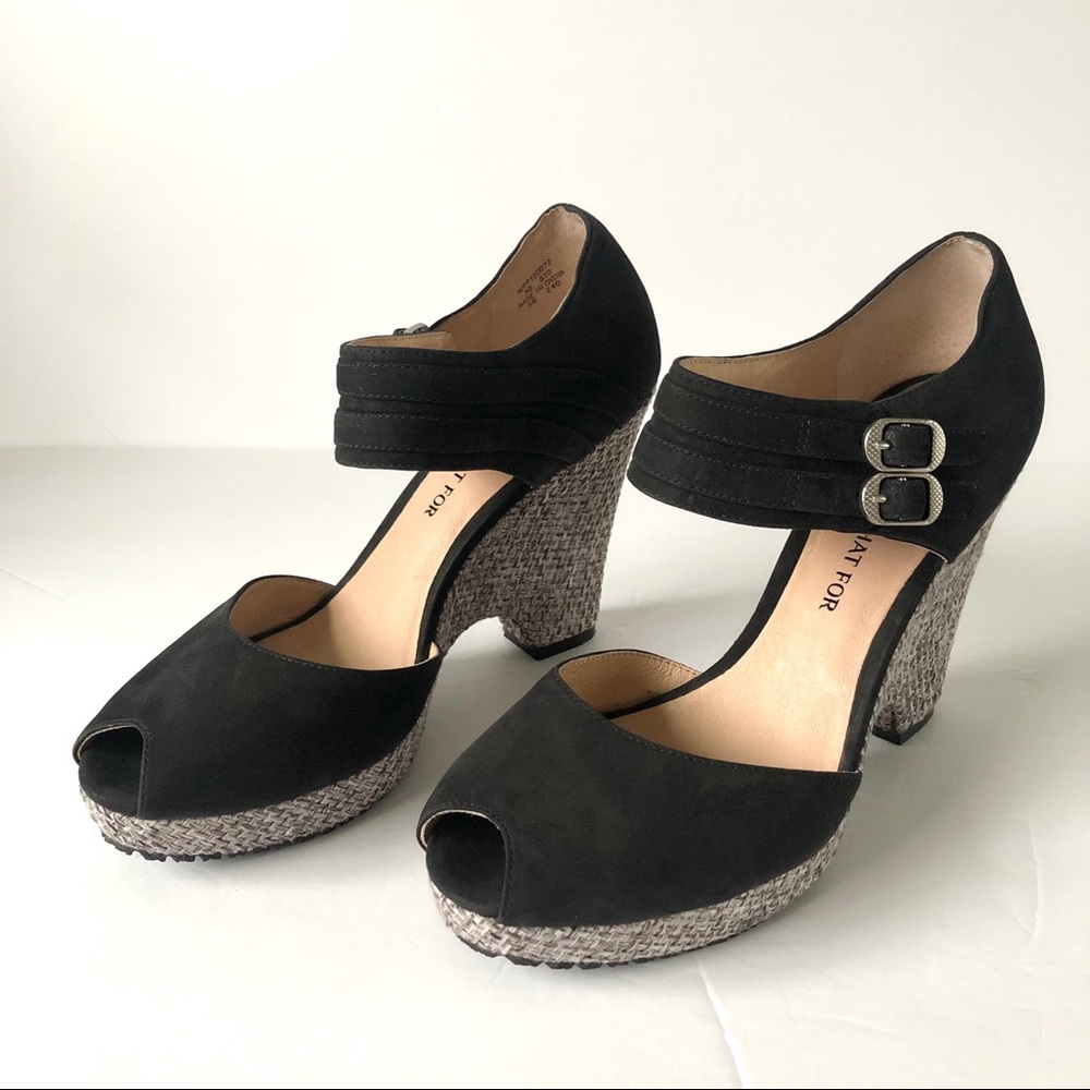 WHAT FOR Black Suede Peep Toe Ankle Strap Wedge Sandals Size 38/7 US